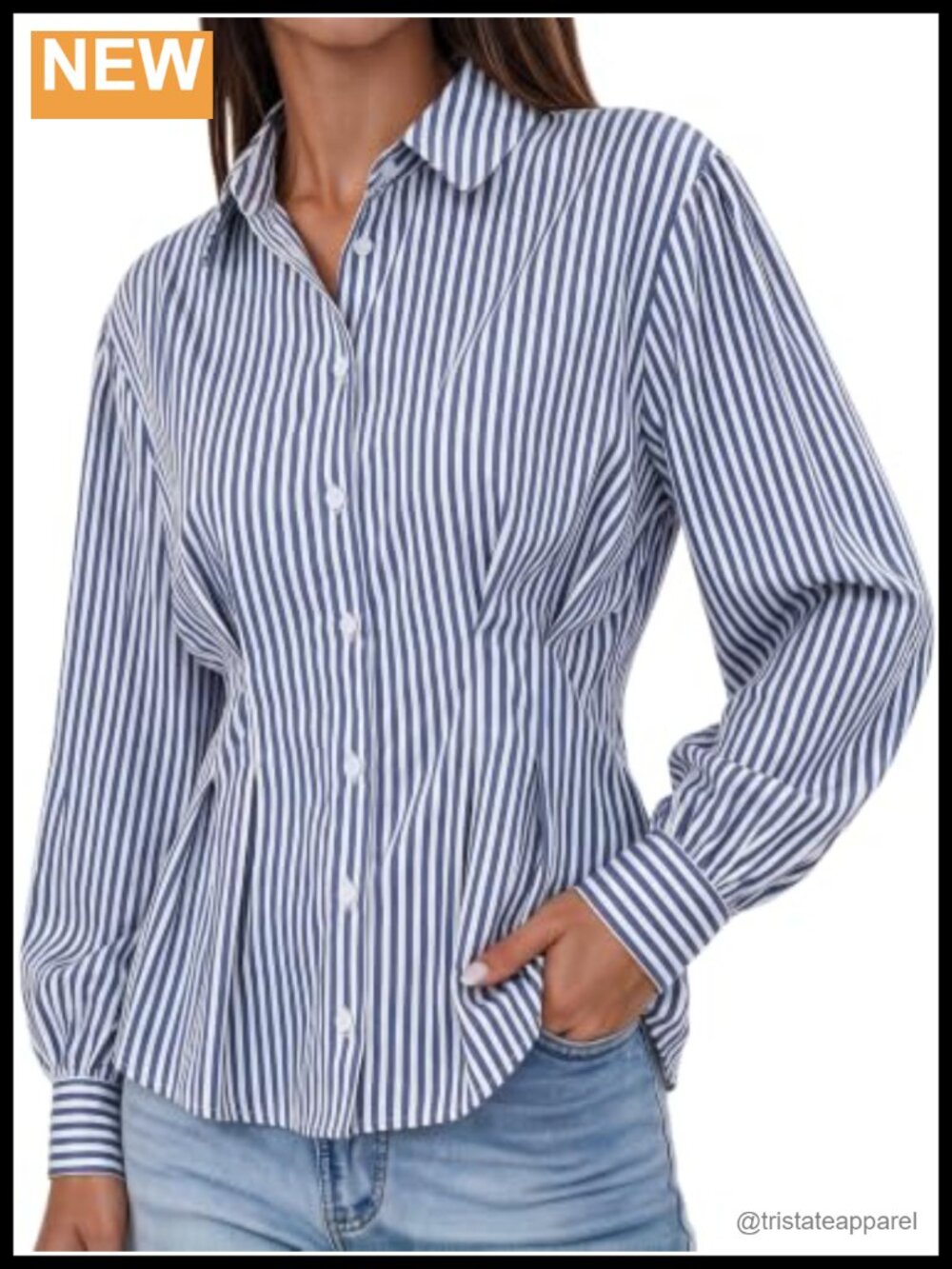 Women's Striped Button Down Peplum Blouse Puff Sleeve Work Top